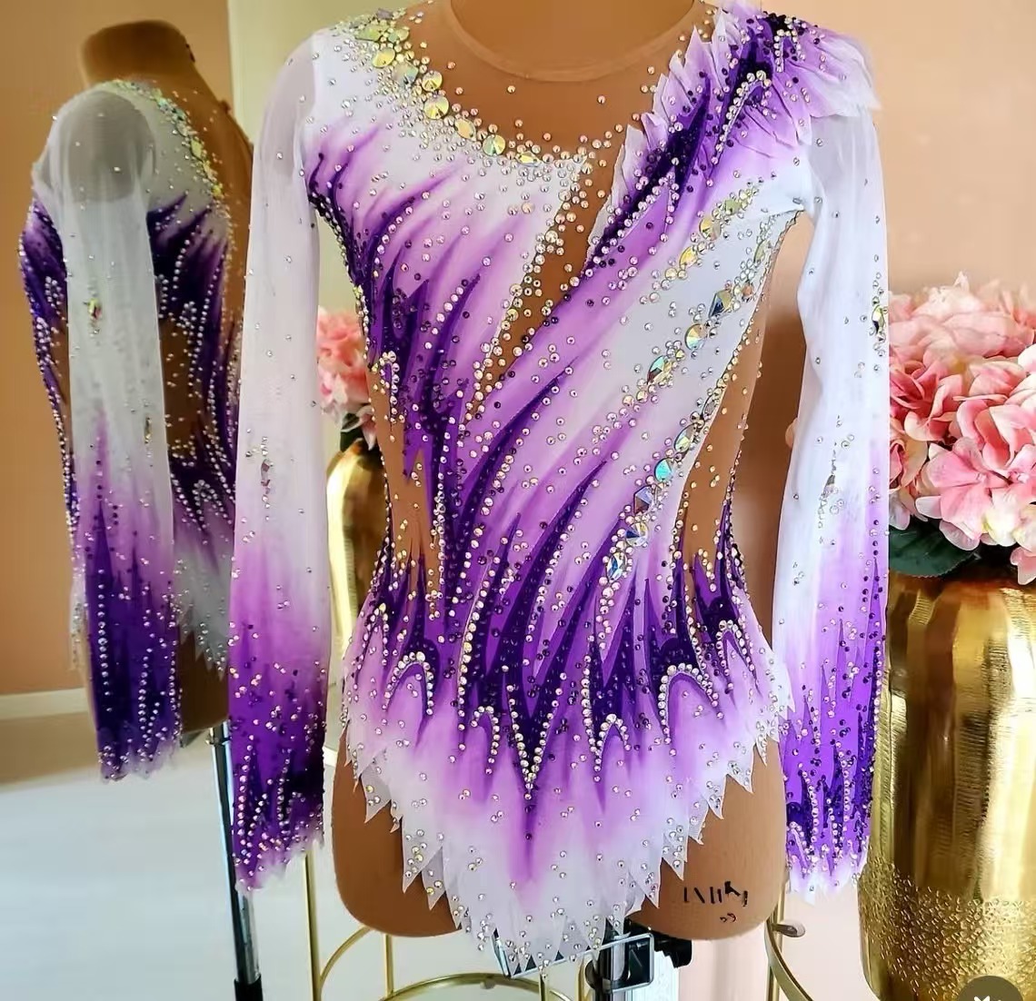 Rhinestone Banding Trim - Dziewczęcy fioletowo-biały strój do gimnastyki artystycznej